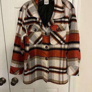 Kensie Women's Plaid Utility Jacket - Orange, Black, White, Tan